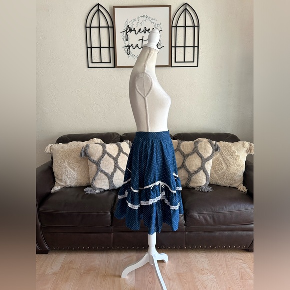 Vintage Partners Please Ruffled Square Dance Navy Blue Polka Dot Skirt Size S - Picture 6 of 14